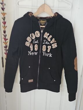 BROOKLYN New York Hoodie Jacket M Warm Leopard Print Lining